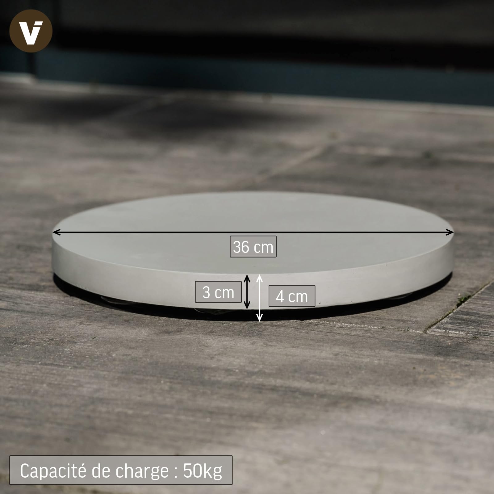 VIVANNO Dessous de Plat à roulettes Rouleau pour Plantes Rond Pierre Artificielle Gris Movo - 4 x 36 cm