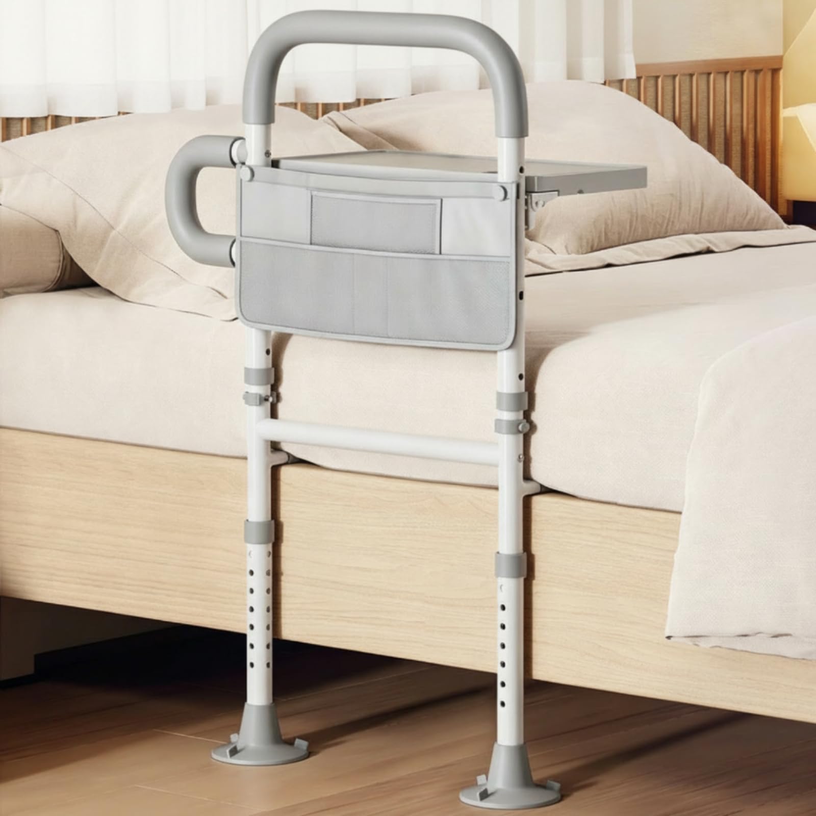 Milageto Sponda Letto di Sbarra Letto Maniglia Letto Corrimano Letto con Ripiano Pieghevole in Acciaio con Altezza Regolabile Tasca Frontale E Piedini a