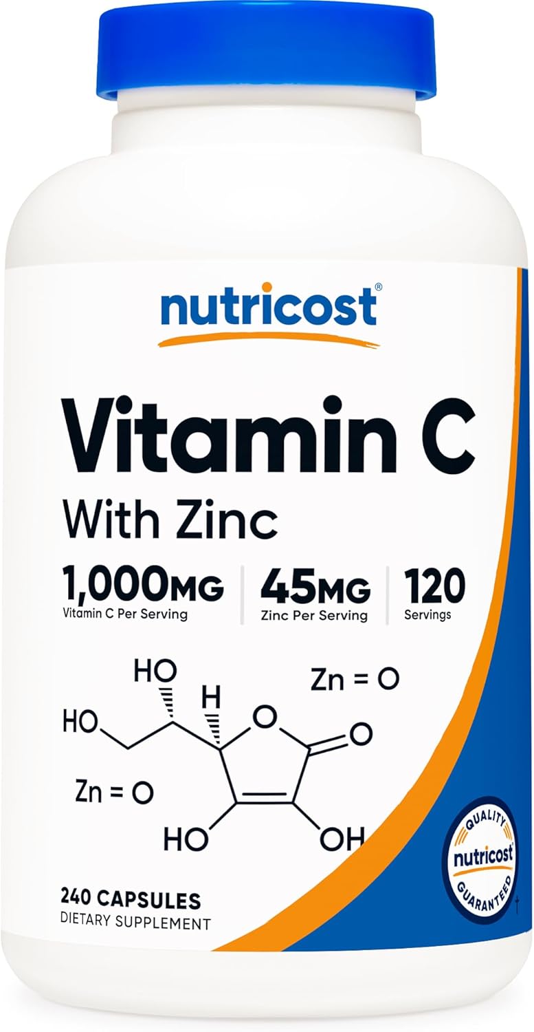 Nutricost Vitamin C with Zinc Capsules, 120 Servings – 1000mg, 45mg Zinc, Non-GMO, Gluten Free Vitamin C Supplement Nutricost Vitamin C with Zinc Capsules, 120 Servings – 1000mg, 45mg Zinc, Non-GMO, Gluten Free Vitamin C Supplement