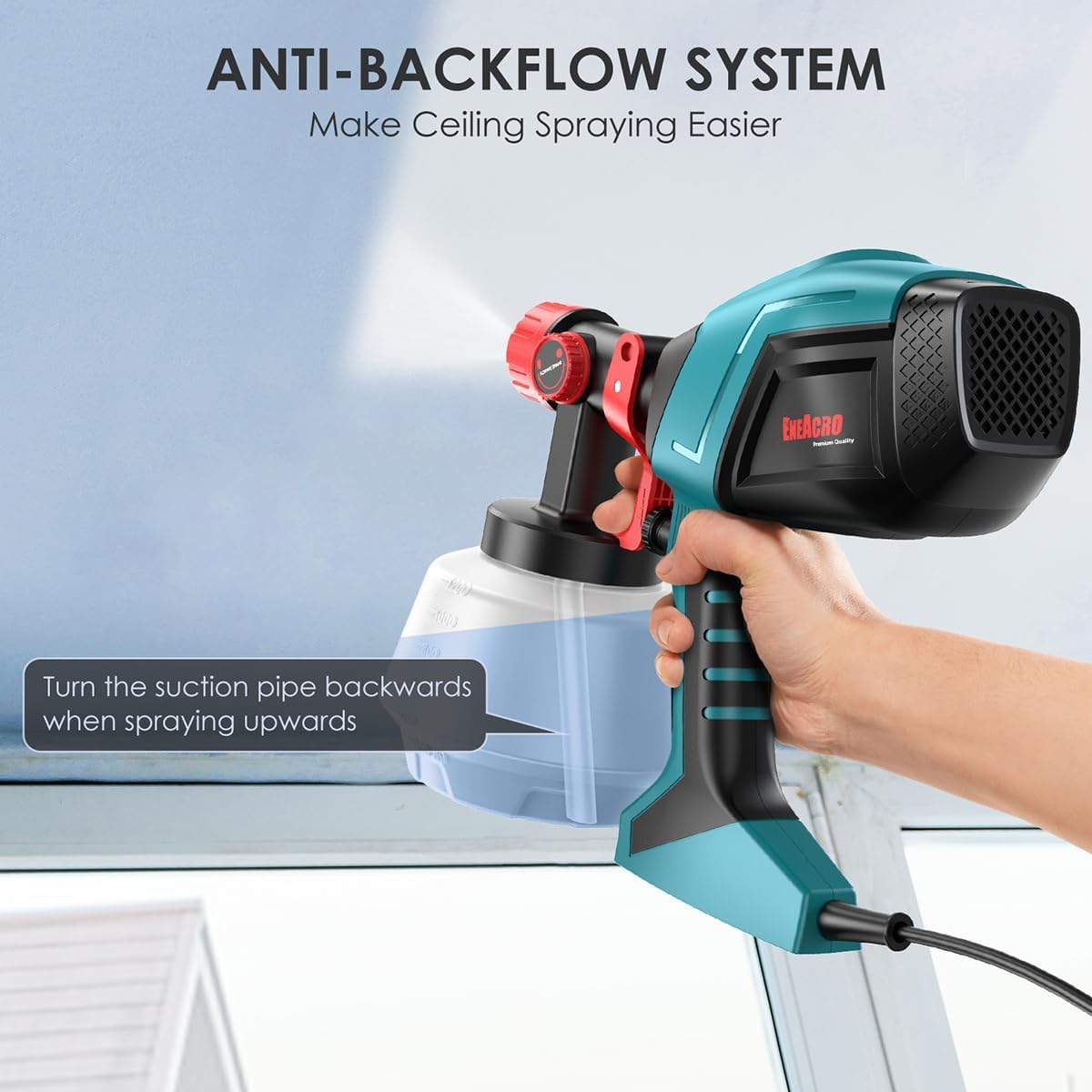 ENEACRO HVLP Pistola a Spruzzo Elettrica 720W con Contenitore da 1200ml, Flusso e Angolo di Spruzzatura Regolabili, 5 Ugelli in Ottone e Motivo di Spruzzo Girevole a 360° per Interni ed Esterni Casa