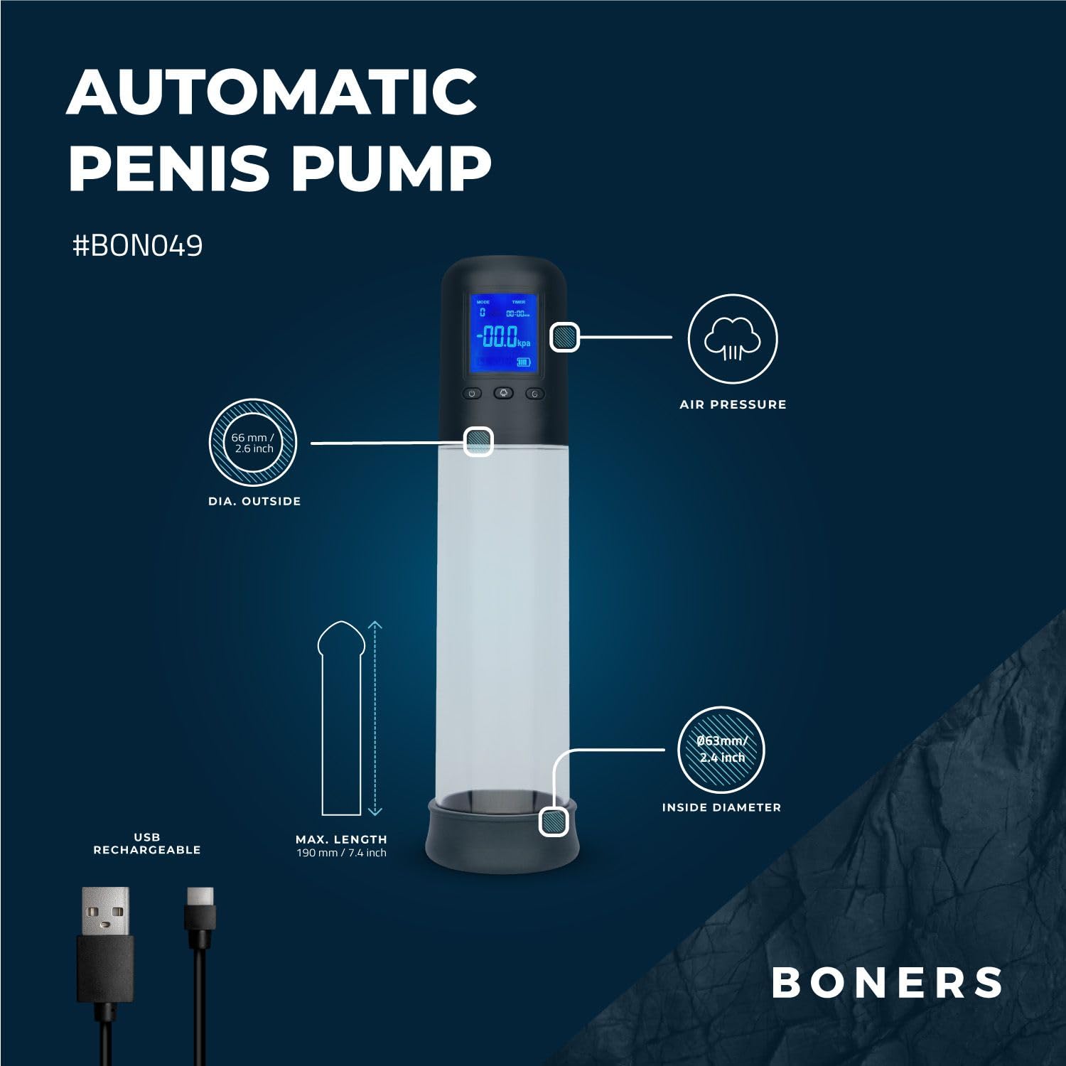 Boners Pompa per pene con schermo LCD - Pompa a vuoto intelligente, modalità di pressione preimpostate