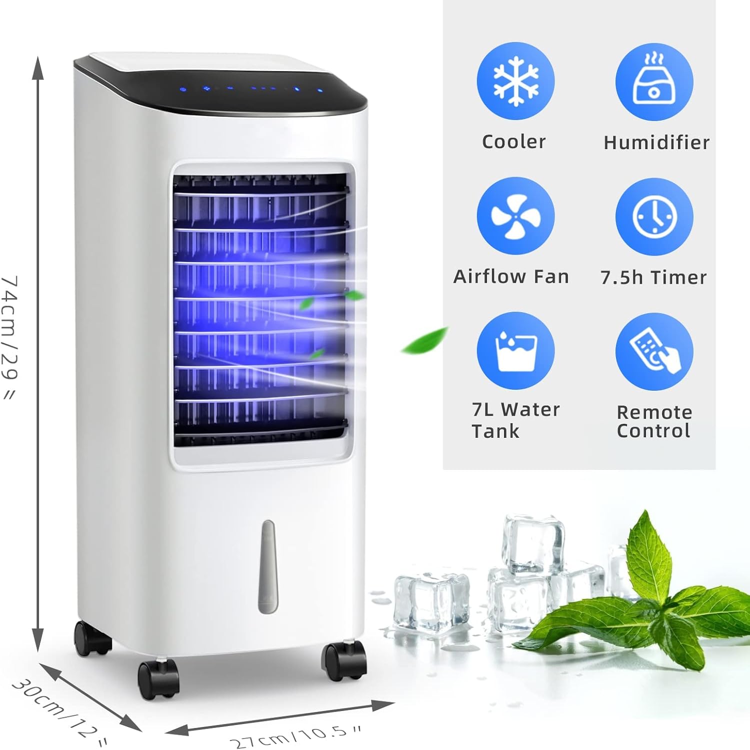 ARLIME Evaporative Air Cooler, 3-in-1 Portable Air Conditioner Fan & Humidifier, 3 Wind Speeds, 3 Modes, LED Display, 7L Water Tank & Ice Packs, Windowless Bladeless Swamp Cooler for Room Office