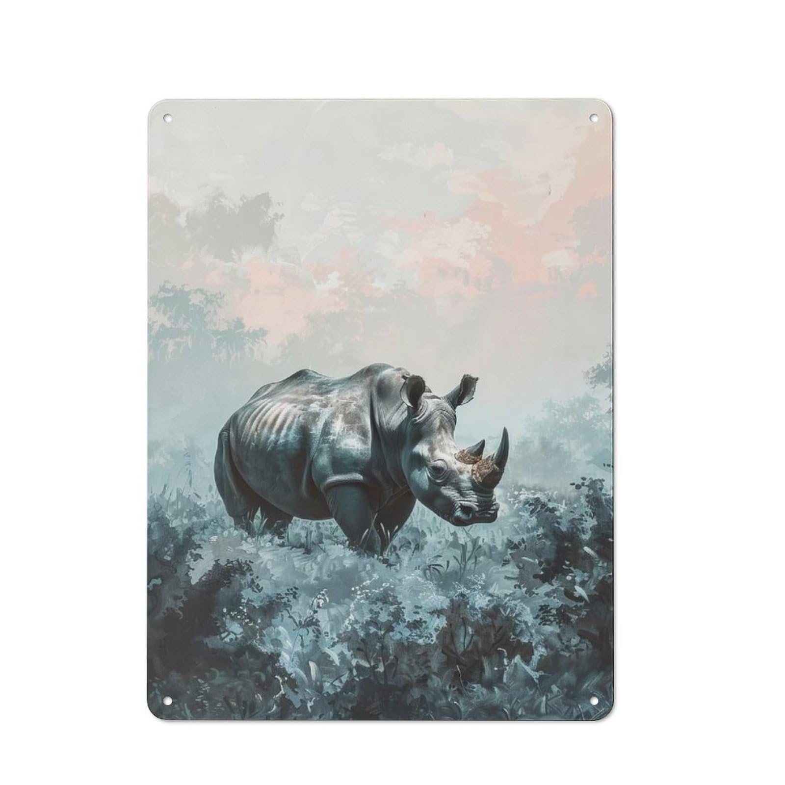 Junmoney Rhino In Foggy Forest Tin Sign 40X30cm With For Workshop Wall, Rustic Decor, Suited To Workshop Decor Fans