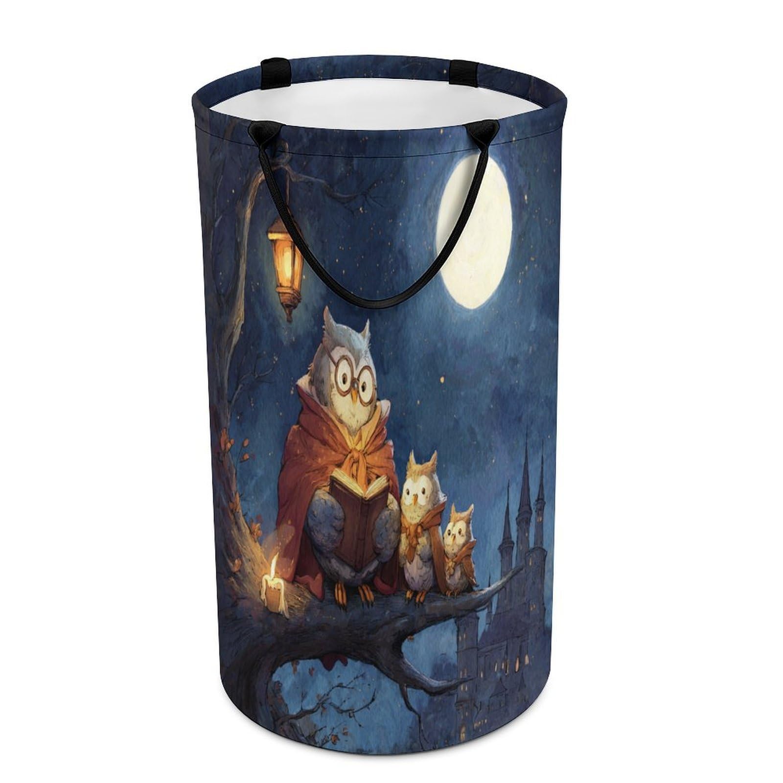LUYYSKY Retro Watercolor Cute Owl Versatile Storage Laundry Basket, Classic Oil Painting Full Moon Starry Sky Galaxy Castle Animal Owls Large Bathroom Laundry Hamper With Handle-40 CM Dia, 69 CM High