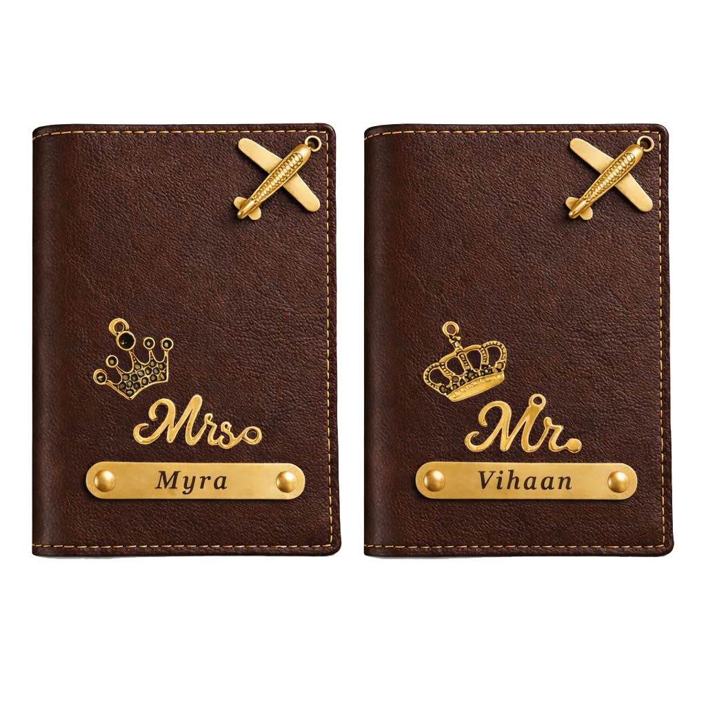SCPmarts Personalized Couple Passport Cover Set with Name & Charm | Premium Leather Travel Passport Holder for Men & Women | Customized Gift for Couples, Honeymoon, Anniversary (Brown)-image-19