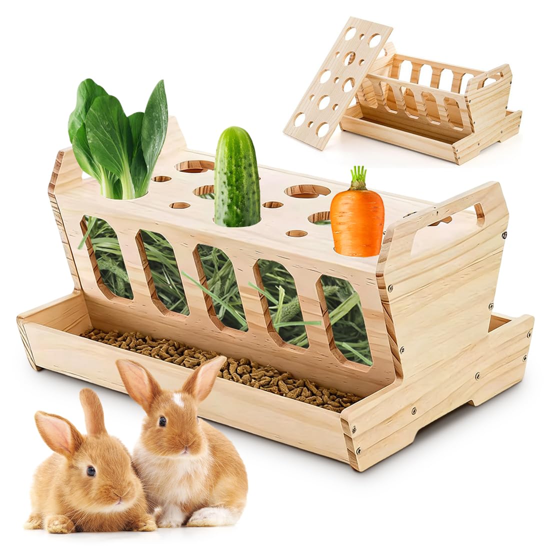 RANJIMA Hölzern Heuraufe für Kaninchen, Futterraufe mit Karottenhalter Heu Futterspender für Käfig Heuraufe Futternapf für Kaninchen Hasen Hamster, 30×20.5×18cm