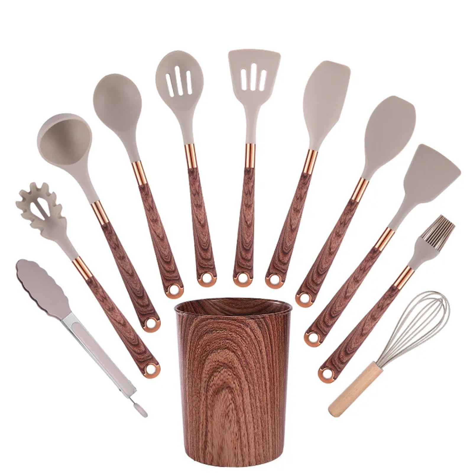 Silikon Küchenhelfer Set Silikon-Küchengeschirr mit Holzmaserung, 11-teiliges Set, antihaftbeschichtete Pfanne, Löffel, Kochutensilien Griff(WOOD12PCS)