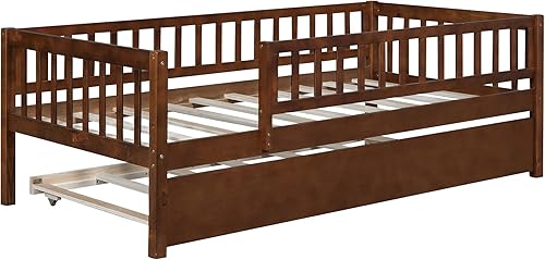 Miniatura 8 de Harper & Bright Designs Sofá cama individual con nido, marco de cama infantil de madera tamaño individual con valla, cama nido individual para