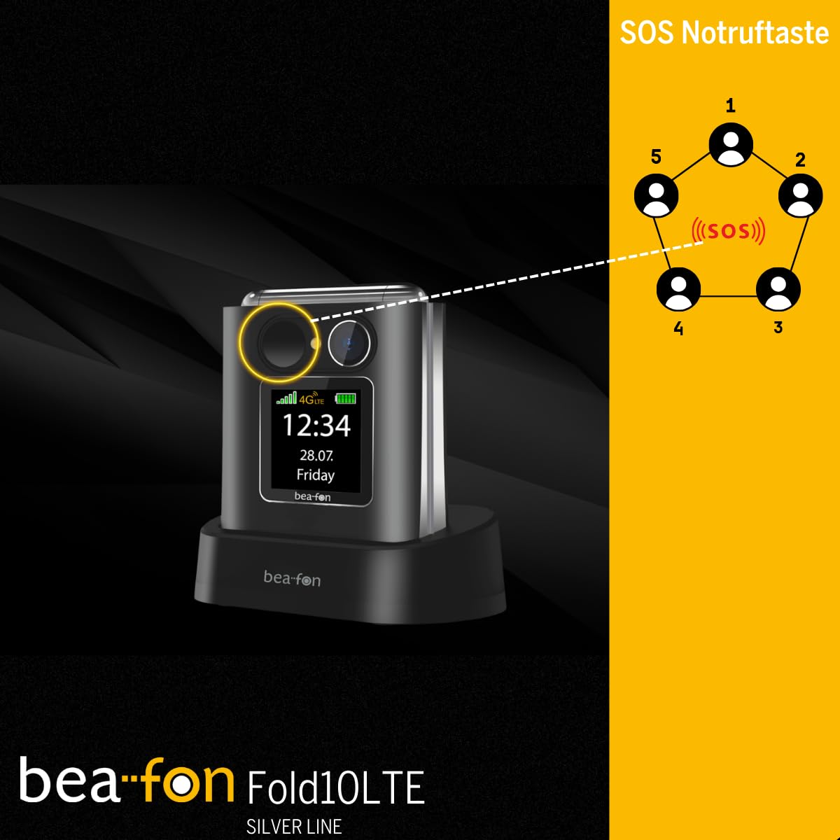 Beafon, Fold10 LTE, telefon z klapką, przycisk połączenia alarmowego SOS, kolorowy wyświetlacz wewnętrzny XL 2,2 (5,58 cm), kolorowy wyświetlacz zewnętrzny XL 1,44" (3,65 cm), wyświetlacz fotokontaktu