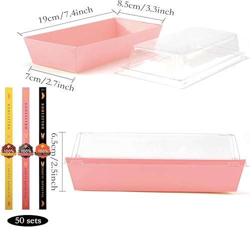 Vista 17 de Lainrrew 50 juegos de cajas de rollo para pasteles, contenedores de plástico de rollo suizo, caja de papel para sándwich con tapas transparentes