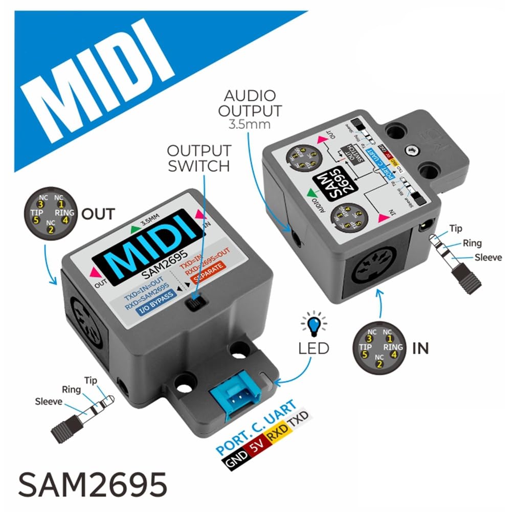Unité M5 Midi Port Série vers Unité Midi Sam2695 Interface de Traitement Audio 3.5 pour Systèmes de Reconnaissance Vocale M5 Atom AI