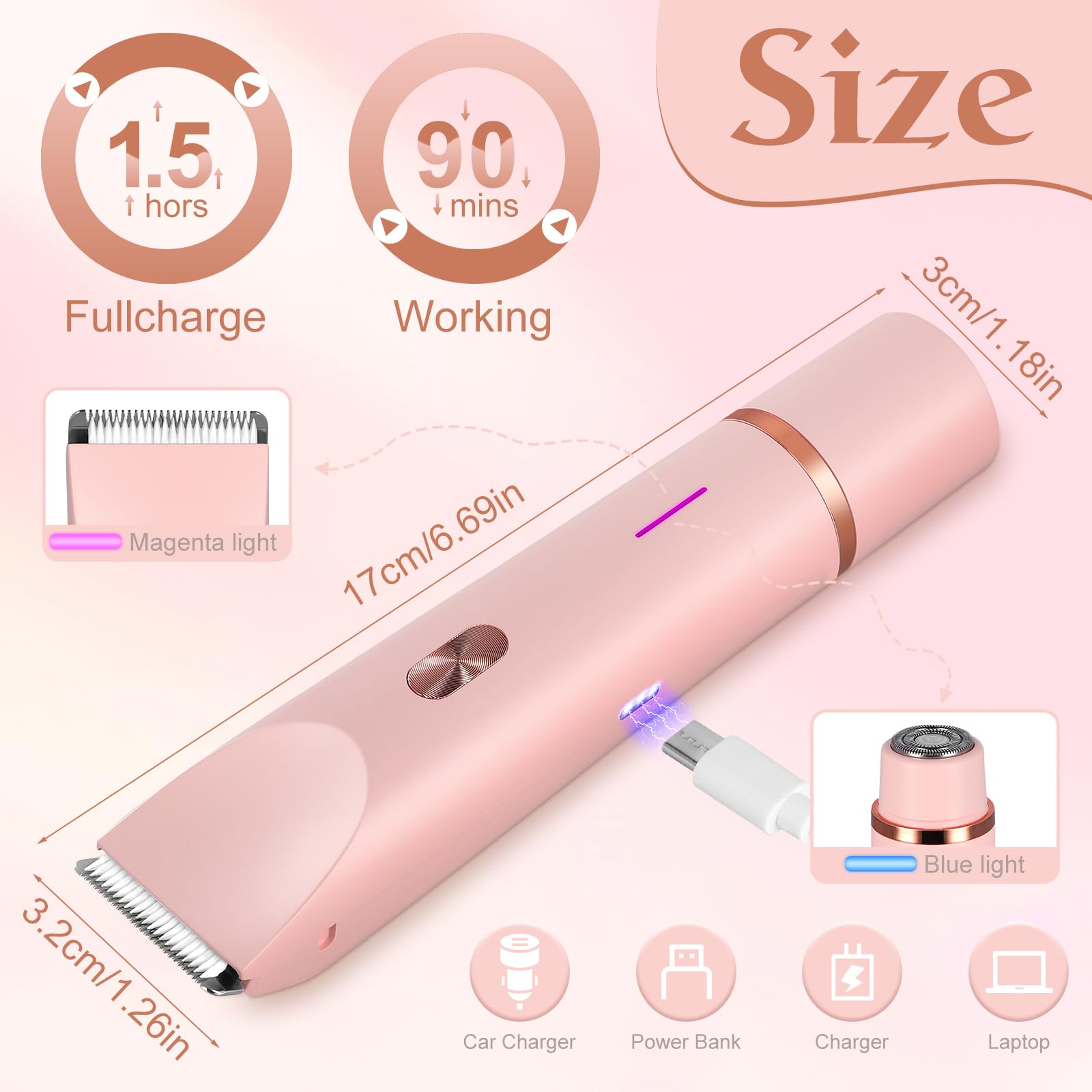 2 in 1 Bikini Trimmer Women,Electric Lady Shaver for Women,Cordless Electric Razor for Women Legs Underarms Pubic Hair with Wet & Dry Dual-use,Bikini Shaver with IPX7 Waterproof - Image 4