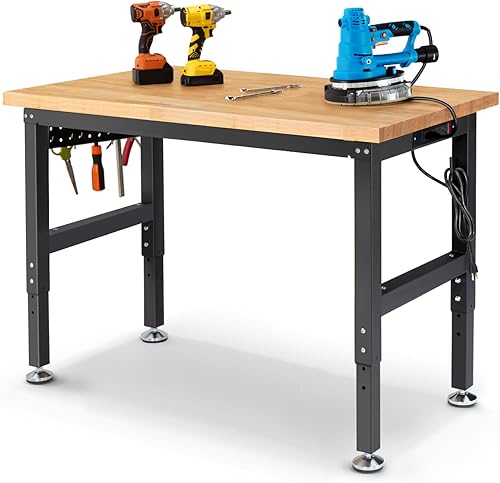 Miniatura 9 de Mesa de trabajo con ruedas de 60 pulgadas con tablero de madera de caucho resistente para garaje, mesa de trabajo de altura ajustable con tablero de