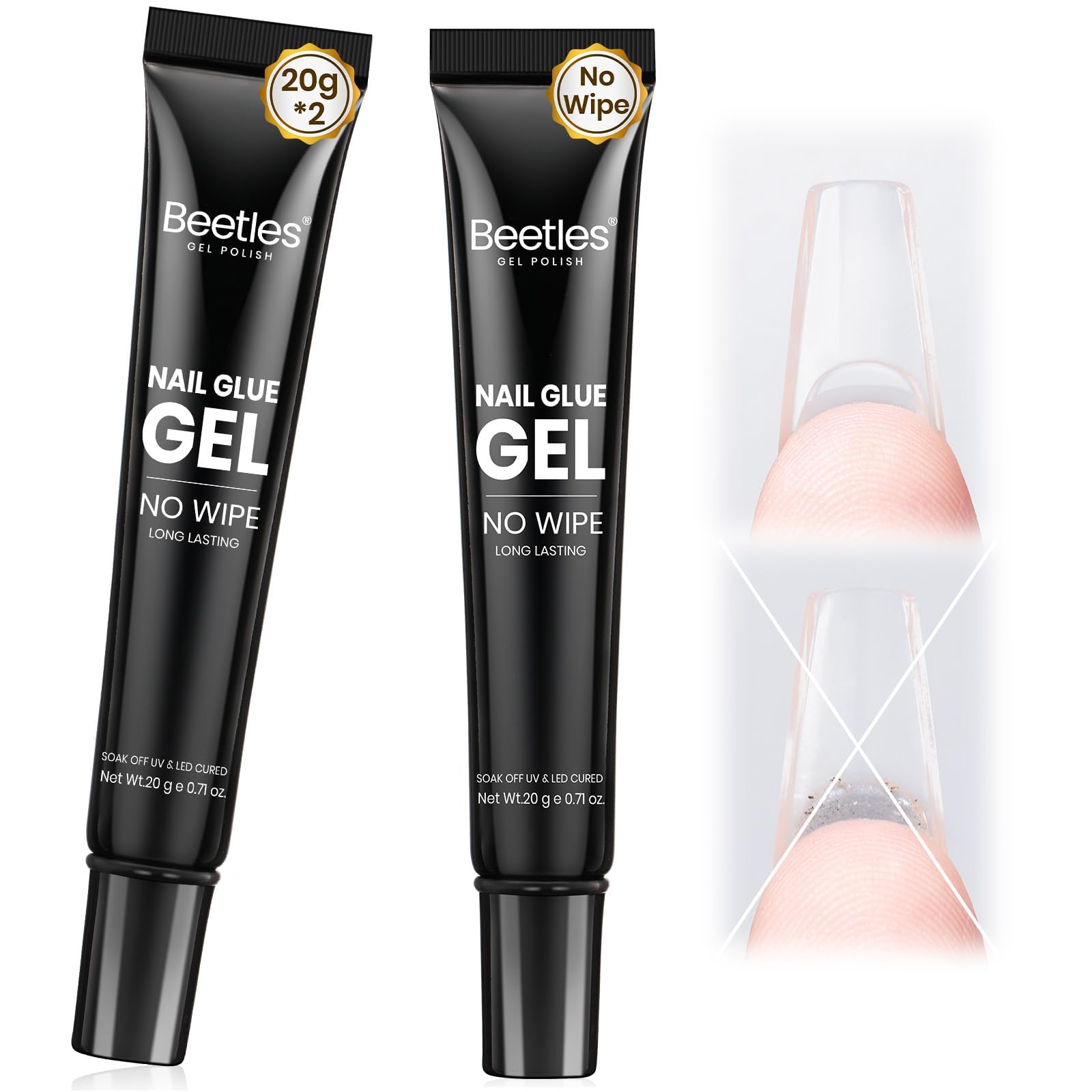 Beetles Solid Nail Glue Gel 2Pcs 20g for Nail Tips, No Wipe Hands-Free Nail Tip Glue, Super Strong for Press On Nails, Acrylic Fake Nails & Nail Extensions, 3D Nail Art, UV/LED Lamp Required