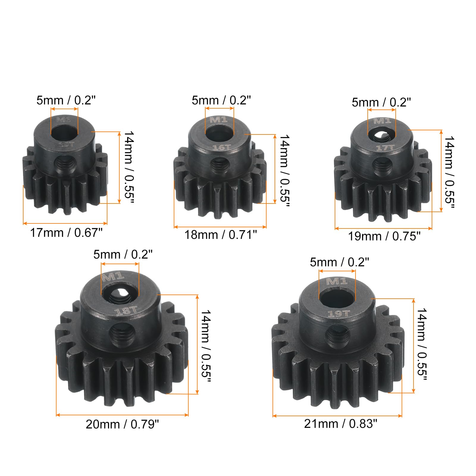 QUARKZMAN 5pcs RC M1 Moteur Pignon Engrenage 5mm Arbre 15T 16T/17T/18T/19T | Durci Pignon Engrenages Carbone Acier, pour 1 8 RC Modèle Voiture Bateau Drone