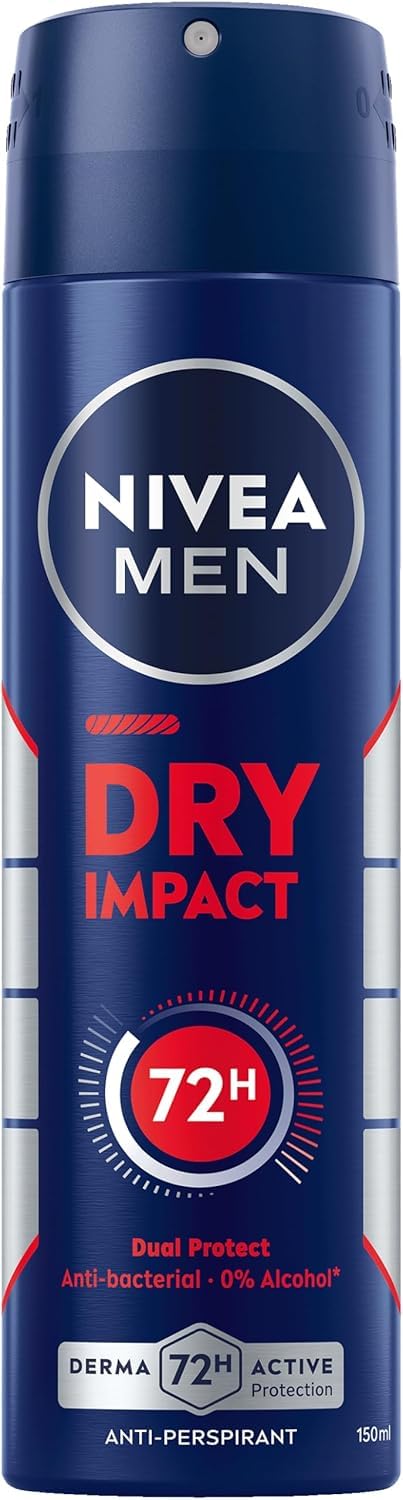 NIVEA MEN Dry Impact Body Spray Deodorant 150ml – Up to 48h Powerful Dryness & Sweat Protection in a Fast-Drying Aerosol, Keeps You Dry & Fresh with a Clean Scent for Active Men in Hot Weather