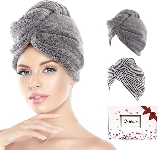 Microfiber Hair Drying Towels for Women 2 Pack w/ Secured Button,Grey+Strip | Super Absorbent,Quick Dry Towel for Curly Wavy Treated Long Thick Wet Hair with Button Closure, Easy to Use,No Falling Off