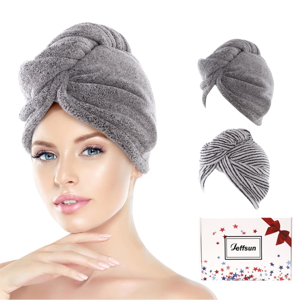 JEFFSUN Microfiber Hair Towel Wrap for Women Girls, 2 Pack Super Absorbent Quick Dry Towel for Curly Long Thick Wet Hair with Button Closure, Easy to Use Hair Care Routine Must Have