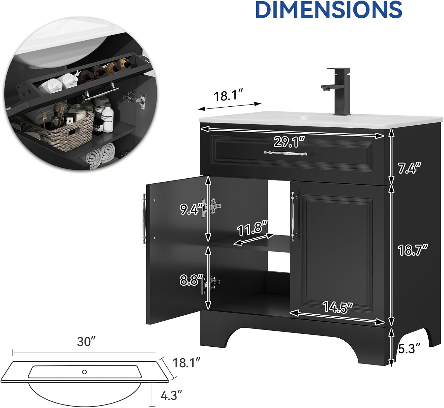 YOURLITE 30" Bathroom Vanity with Sink Combo, Modern Bathroom Storage Cabinet Set with Tip-Out Drawer and 2 Soft Closing Door, Ceramic Undermount Sink, Without Faucet, Black
