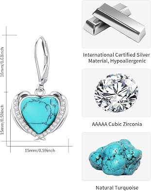Angel Wing Heart Turquoise Earrings for Women-Genuine S925 Jewelry Gifts