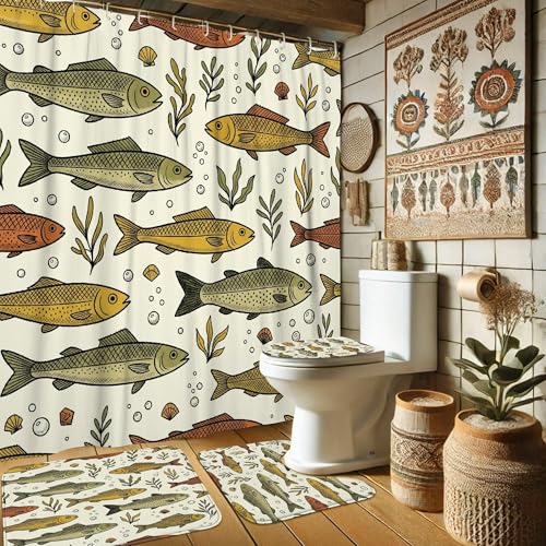 Rideau de douche imperméable sans odeur plastique motif poisson vert d'été - 2