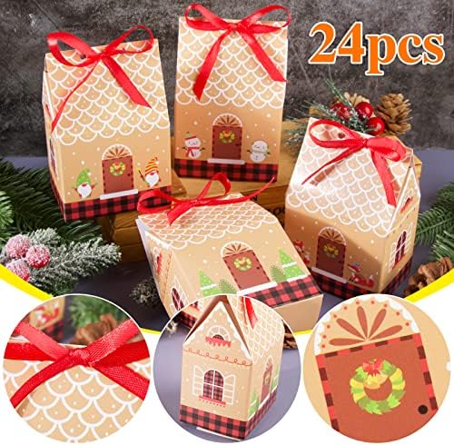 24 Pieces Christmas Gift Boxes Kraft Paper Christmas Party Treat Boxes with Ribbon for Children Gifts Sweets (A) (B)