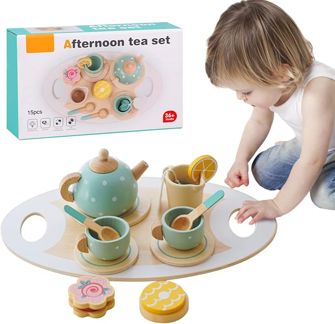 14Pcs Afternoon Tea Set Toy, Wooden Role Play Tea Party Toy, Funny