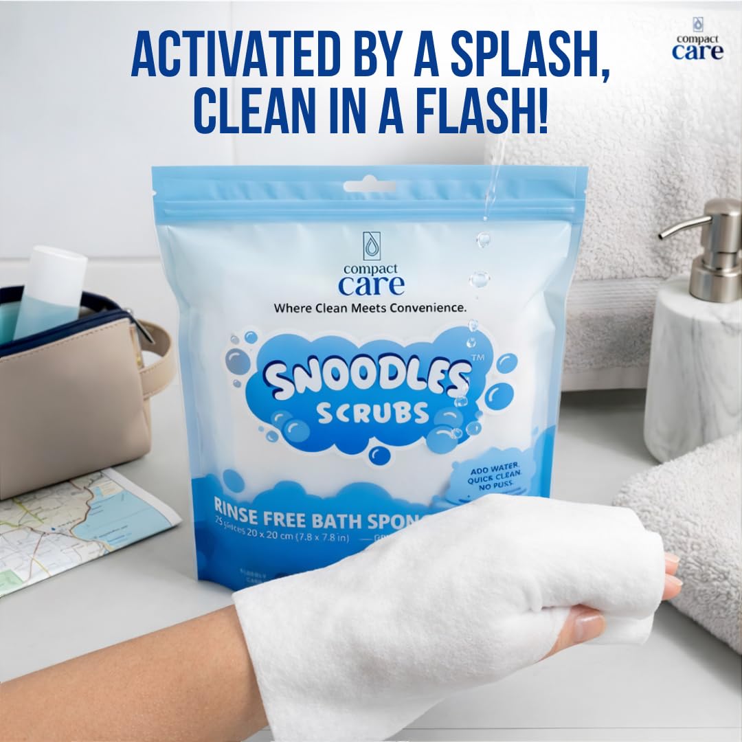 Snoodles Scrubs - Esponjas de baño sin enjuague, limpieza rápida con solo agua, alternativa a las toallitas corporales sin enjuague para camping, cuidados, viajes, uso de campo, hospitales, ancianos y