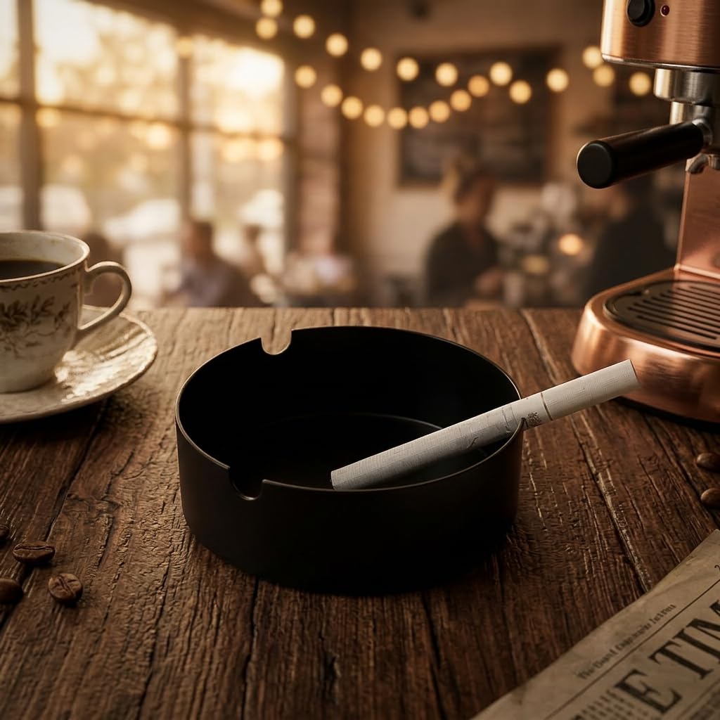 SBBH HOME Matte Black Metal Ashtray with Cigarette Holder Slots | Modern Round Tabletop Ash Tray for Home, Office, Balcony, Café & Smoking Area-image-8