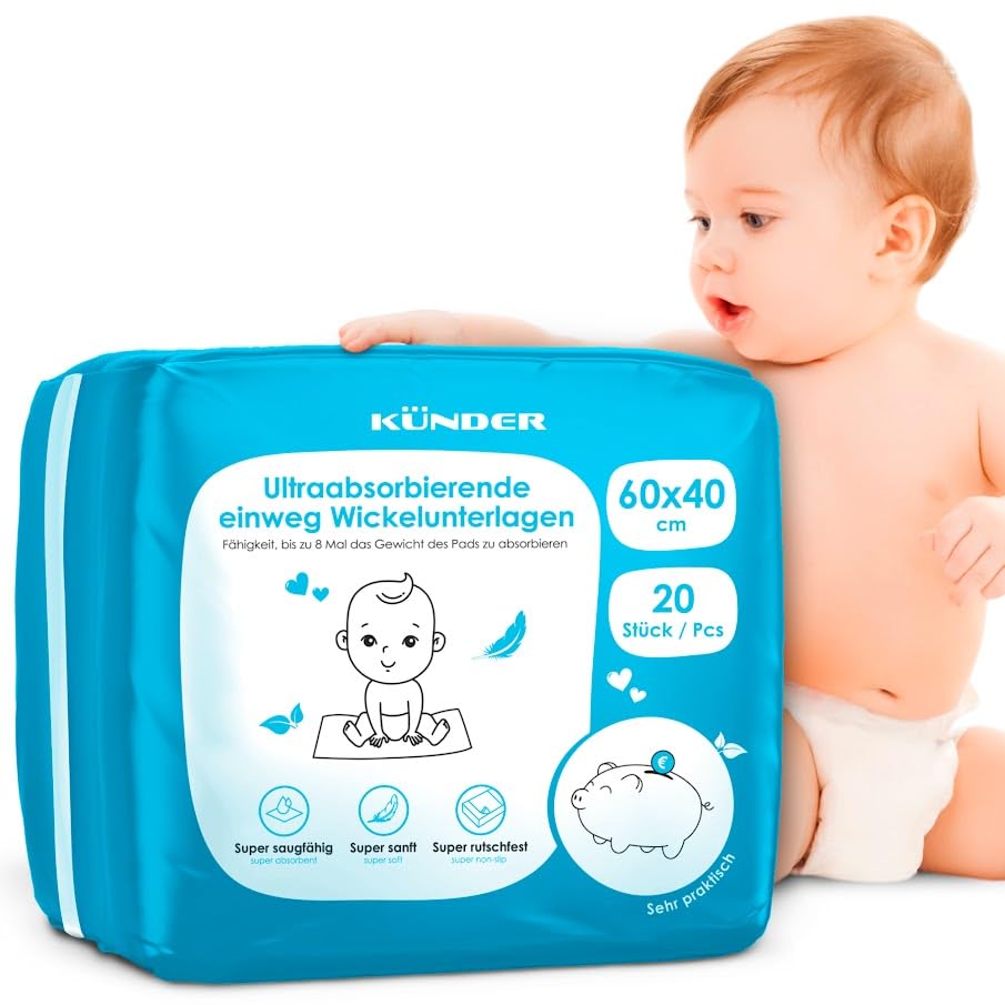 20x Baby Wickelunterlage Einweg 60x40 cm - Ultra-saugfähige Inkontinenzunterlagen, 6-lagige Betteinlagen für Babys & unterwegs, Strapazierfähige Krankenunterlagen und Inkontinenzauflage