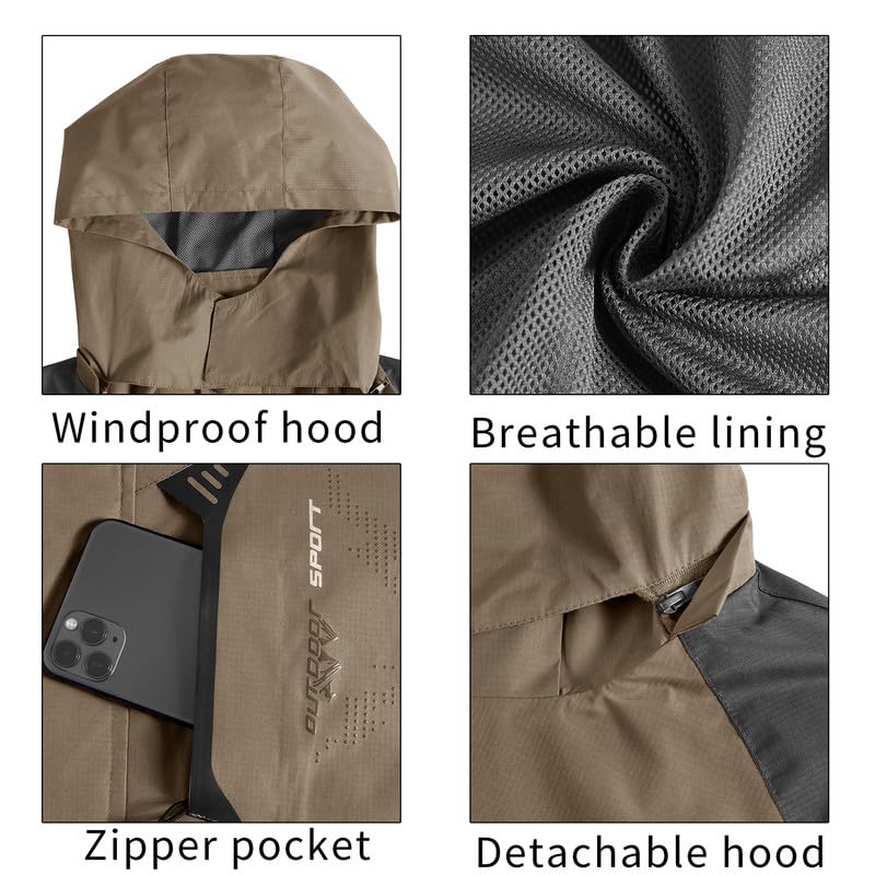 Image of Mens Rain Jacket Waterproof with Hooded Hiking Coat Lightweight Windbreaker | Windproof Mountain Jacket,Multi Zip Pockets Windbreaker,Work,Breathable,Fishing,Active Performance Shell Jackets,Outer Layer