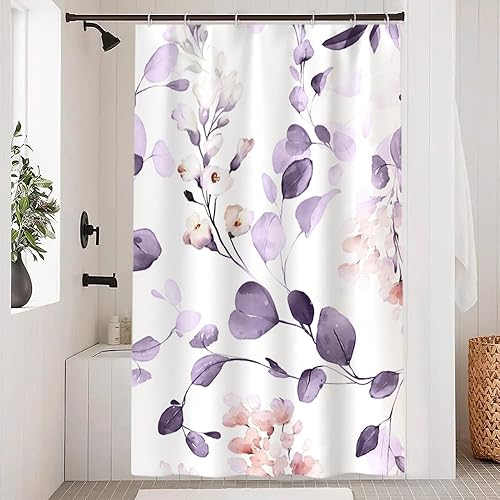 Miniatura 25 de Cortina de ducha con diseño de eucalipto azul acuarela, juego de cortina de ducha pequeña para caravana, impermeable, decoración de baño floral de