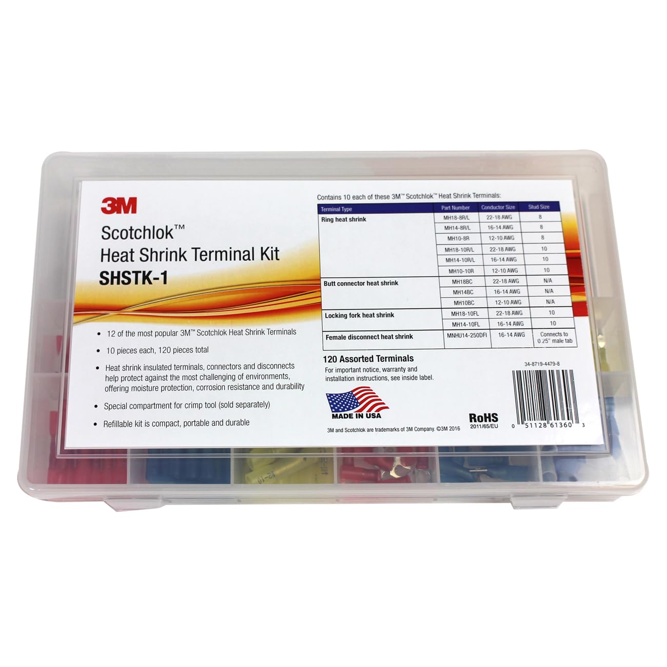 3M Heat Shrink Terminal Kit, SHSTK-1, selection of 12 terminals, refillable kit is compact, portable and durable, 1 Kit of 120 pieces