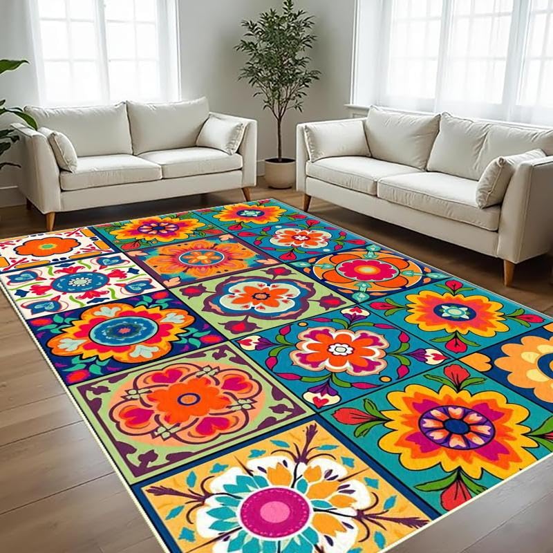 Tapis de couloir grand format 180x240cm style bohème chic multicolore lavable et résistant