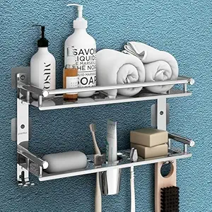 Plantex No Drill Bathroom Stand for Wall/5mm Thickened Stainless Steel Bathroom Shelf with Soap and Brush Holder/Hooks/Tumbler Holder/Bathroom Organiser (2-Tier, Chrome)
