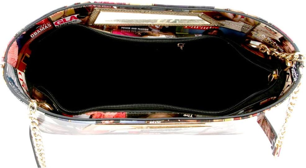 Trendeology Classy Michelle Obama Magazine Cover Print Vegan Leather Patent Large Cut-out Handle Clutch Purse (Metal Handle Square - Multi)