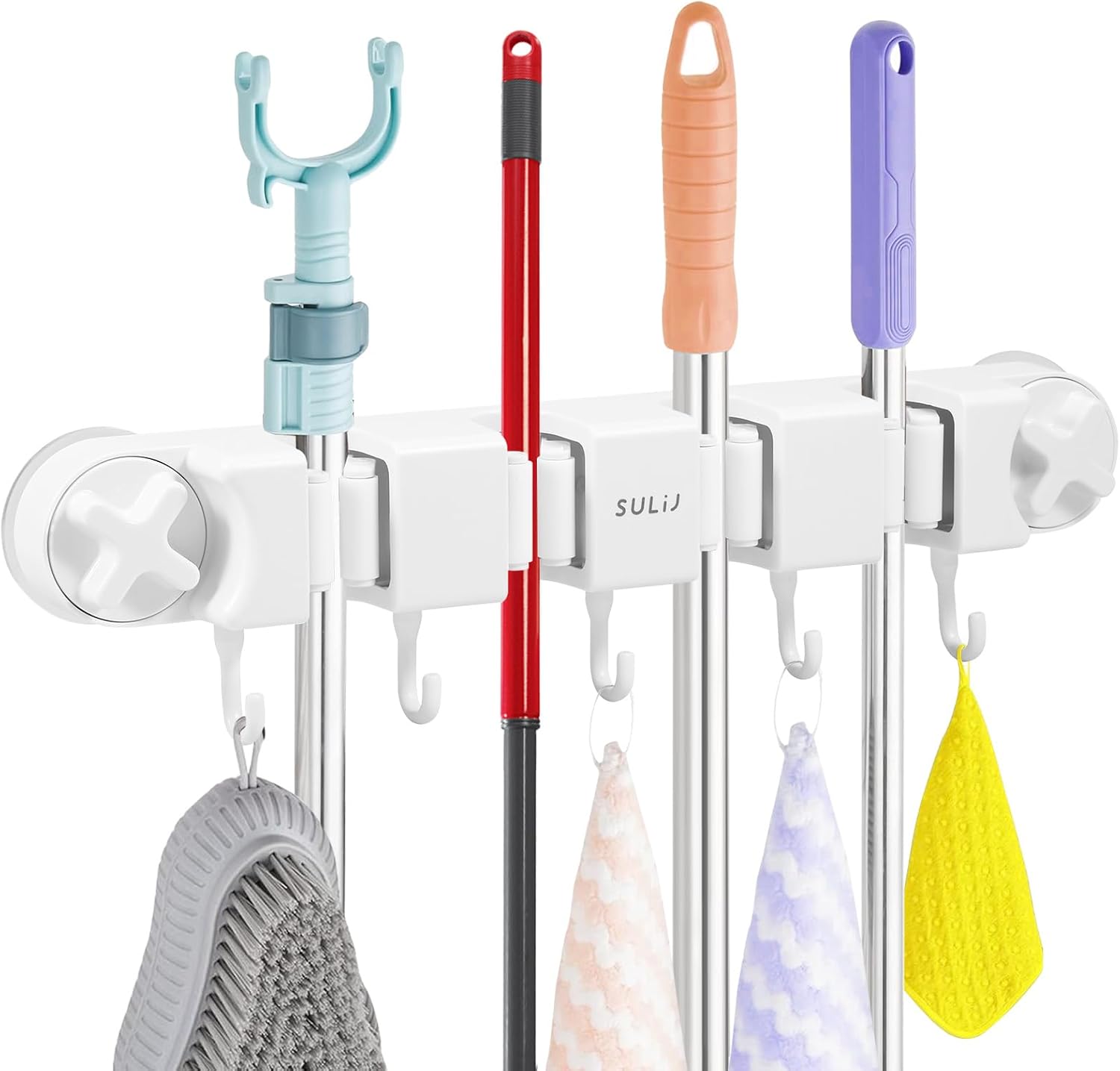 Broom Holder Wall Mount Sturdy Mop and Broom Organizer with 4 Racks and 5 Hooks Vacuum Suction Cup Broom Mop Holder for Home, kitchen, Garden, Tools, Garage