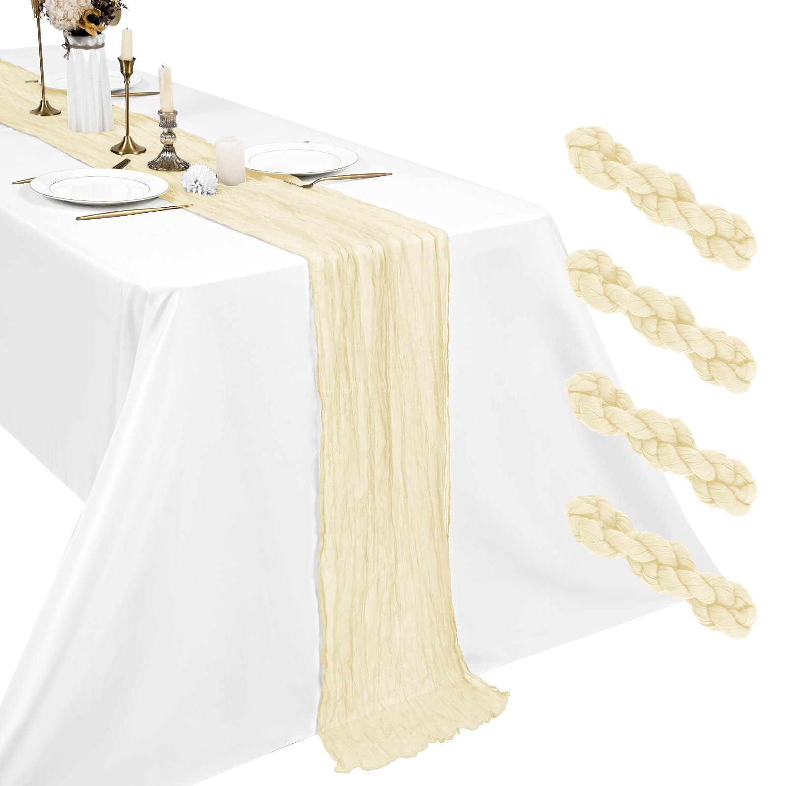 4 Pack Ivory Cheesecloth Table Runner, 17.7 x 108 inch Boho Gauze Table Runner 45x275 cm Rustic Romantic Long Table Runner for Wedding Party Bridal Shower Christmas Decoration