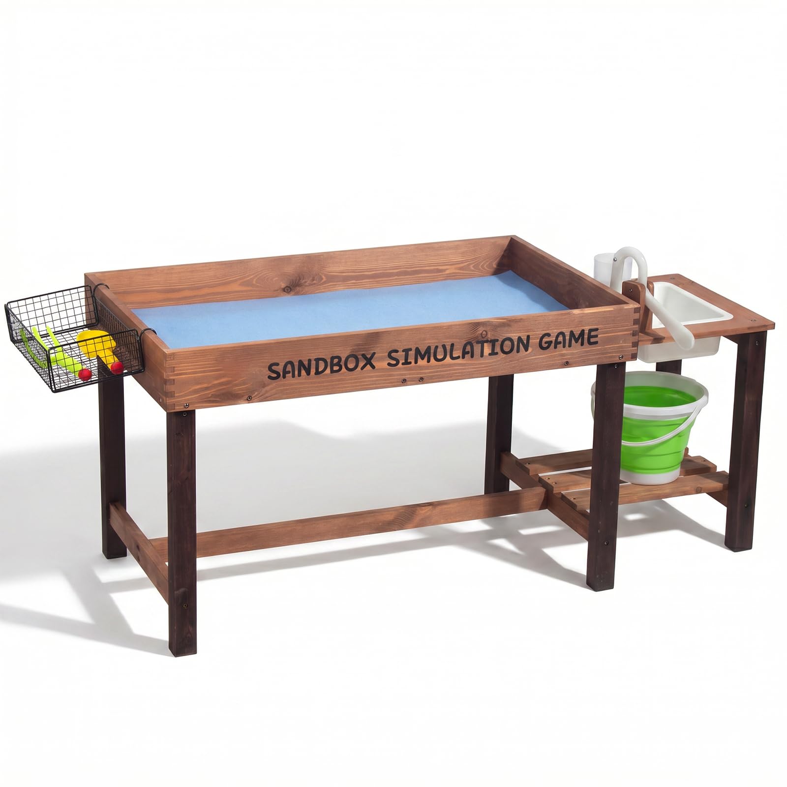 WOODENFUN Kuchnia błotna dla dzieci, do użytku na zewnątrz, z dekoracjami, drewnianymi akcesoriami, zlewozmywakiem, wiadrem, łopatkami do piasku, widelcami, piaskownica do ogrodu, zabawka plażowa