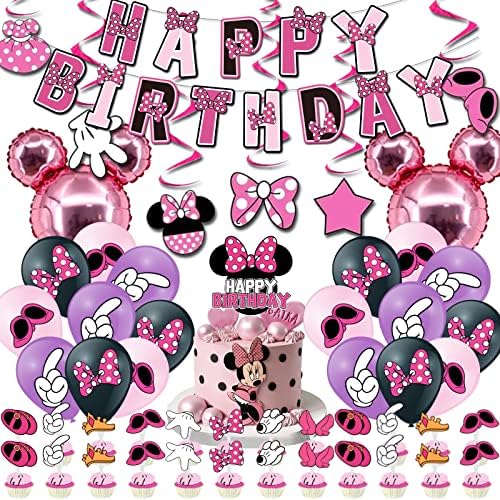 mouse birthday party supplies, including happy birthday banner, spiral, latex balloon, cake decoration, Cupcake decoration, aluminum balloon. Suitable for Min-nie girl parties, themed birthday parties