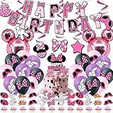 mouse birthday party supplies, including happy birthday banner, spiral, latex balloon, cake decorati
