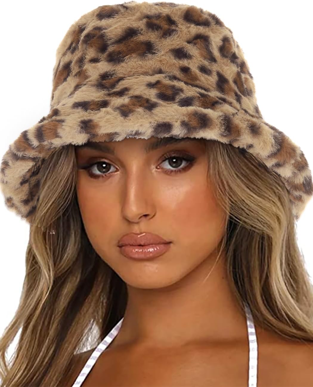 Urieo Winter Bucket Hats for Woman Leopard Printed Fluffy Faux Fur Hat Plush Warm Fisherman Hats Daily Outdoor