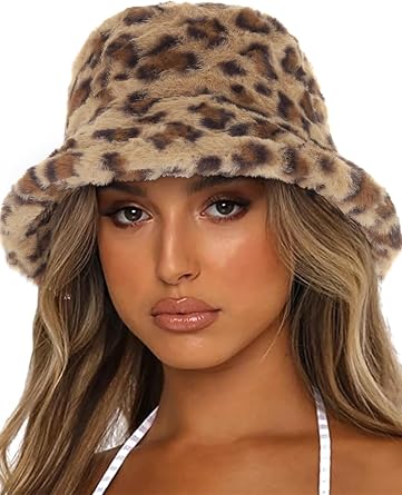 Urieo Winter Bucket Hats for Woman Leopard Printed Fluffy Faux Fur Hat Plush Warm Fisherman Hats Daily Outdoor