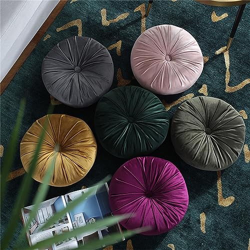 13,8 Zoll (35 cm) rundes Sofakissen aus Samt, weiche plissierte Dekokissen für Meditation, Bodenkissen, dekoratives Kissen für Wohnzimmer, Sofa, Bett, Auto, Stuhl (Dunkelgrün)
