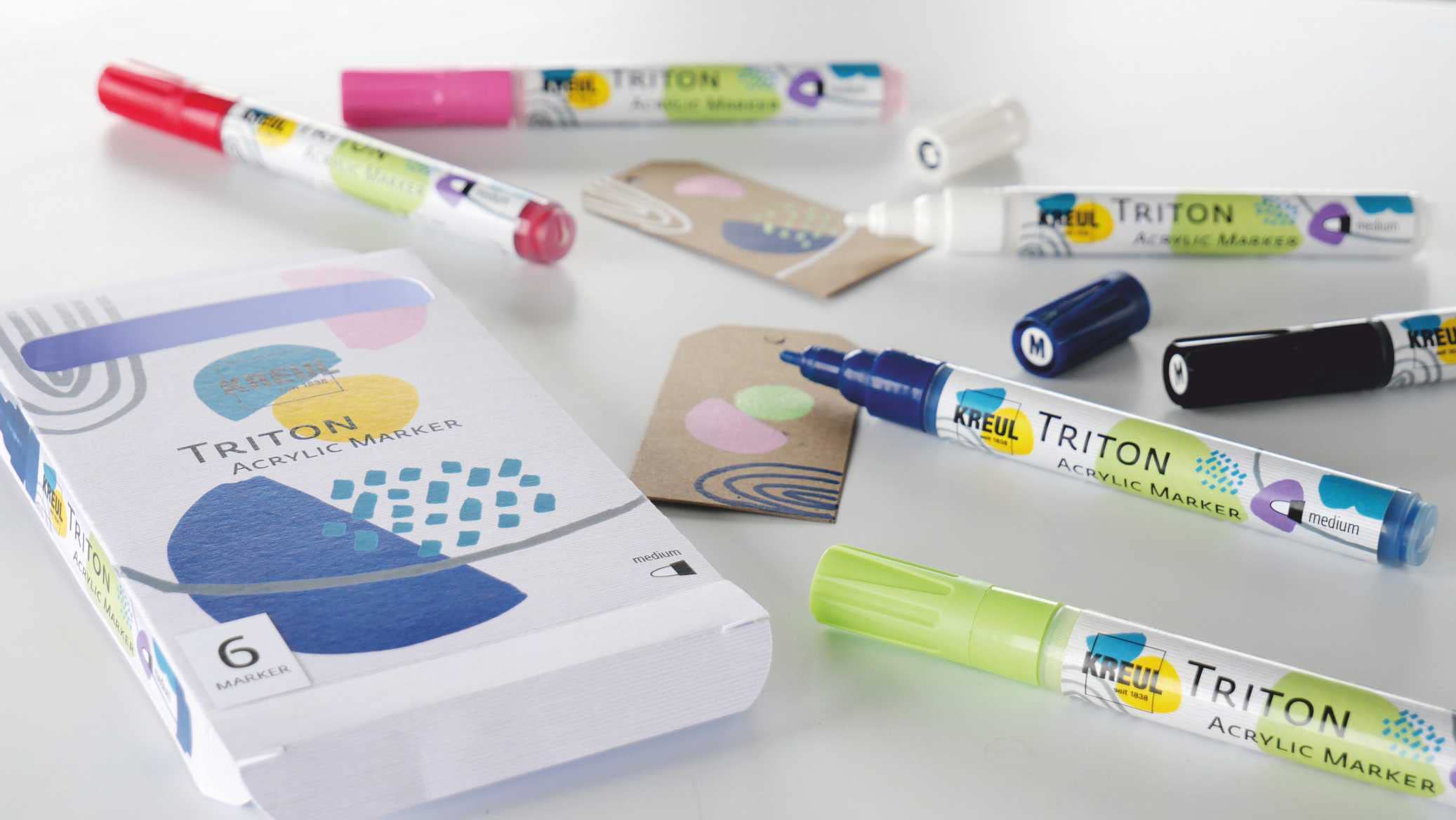 Kreul 17790 - Triton Acrylic Marker Set medio, 6 pastelli acrilici, a base d 'acqua, asciugatura opaca in seta, alta intensità di colore, resistente alle intemperie su superfici assorbenti