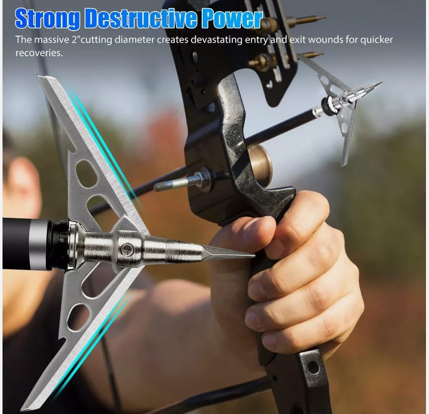 12Pcs 100 Grain Archery Broadheads 2" Dia Expandable Hunting Arrowhead