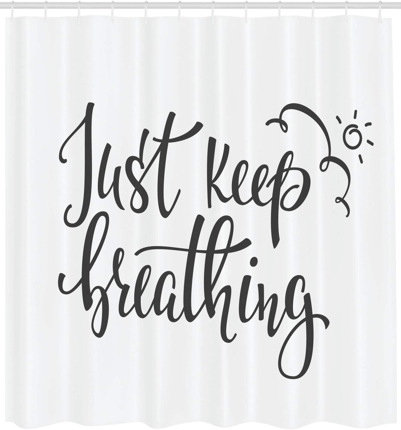 Ambesonne Just Breathe Shower Curtain, Keep Breathing Phrase Hand Writing Sun and Clouds Doodle, Cloth Fabric Bathroom Decor Set with Hooks, 69" W x 84" L, Charcoal Grey White