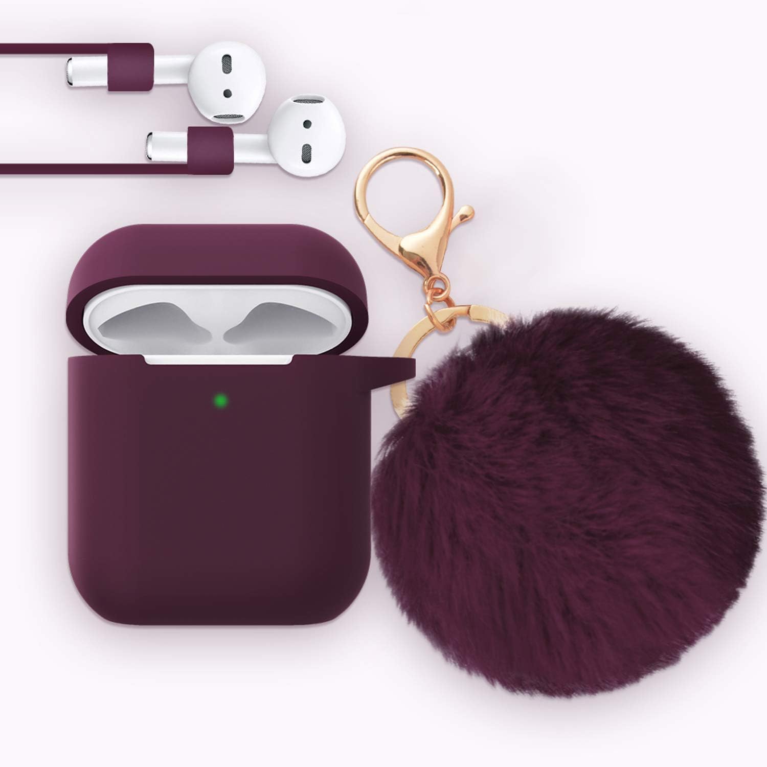 for Airpods Case - Bluewind Drop Proof Air Pods Protective Case Cover Silicone Skin, with Cute Fur Ball Airpods Keychain/Strap, Portable Apple Airpods Accessories (Upgrade Burgundy)