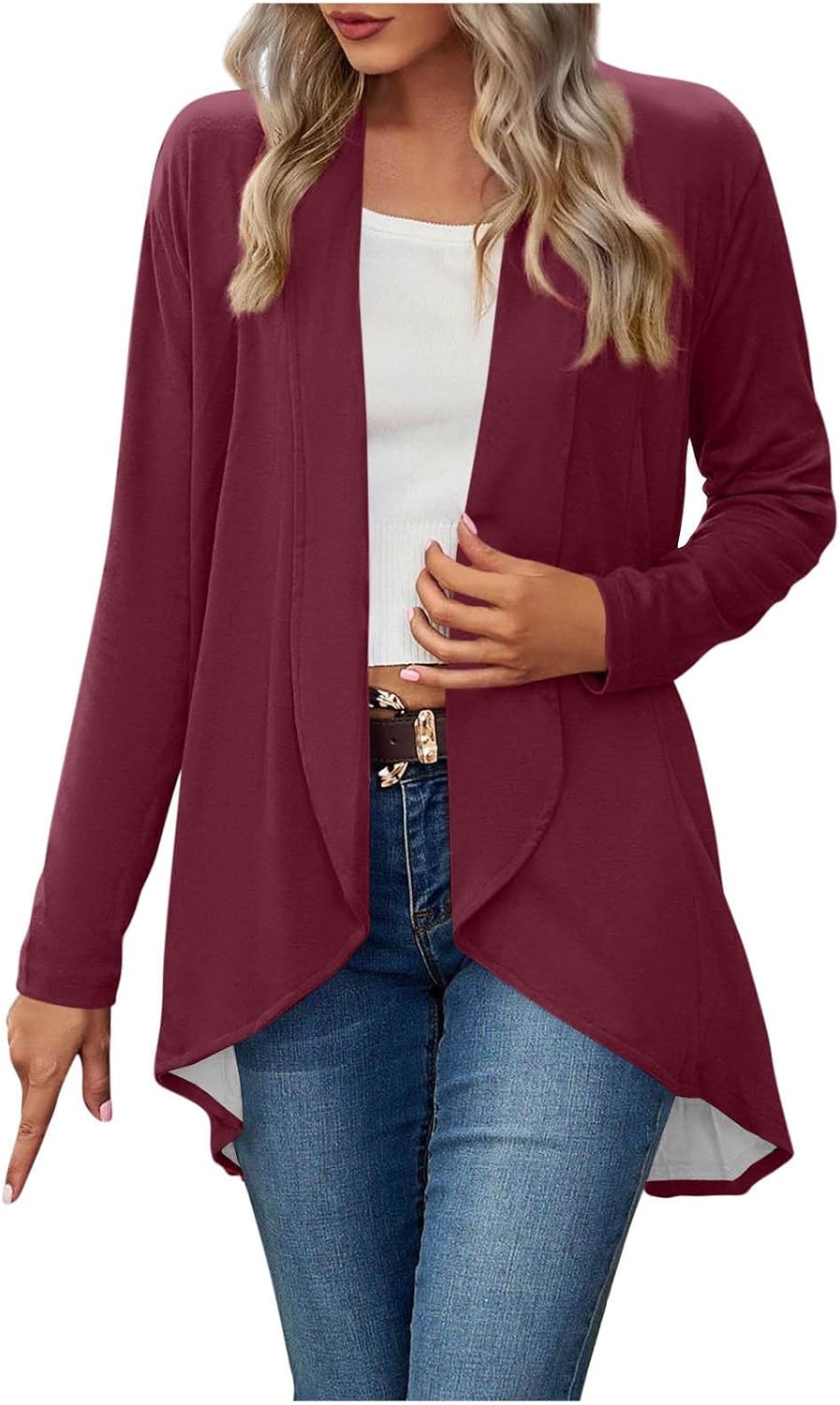Women's Lightweight Open Front Cardigan Long Sleeve Casual Soft Loose Tops Solid Color Fashion High Low Hem Coats