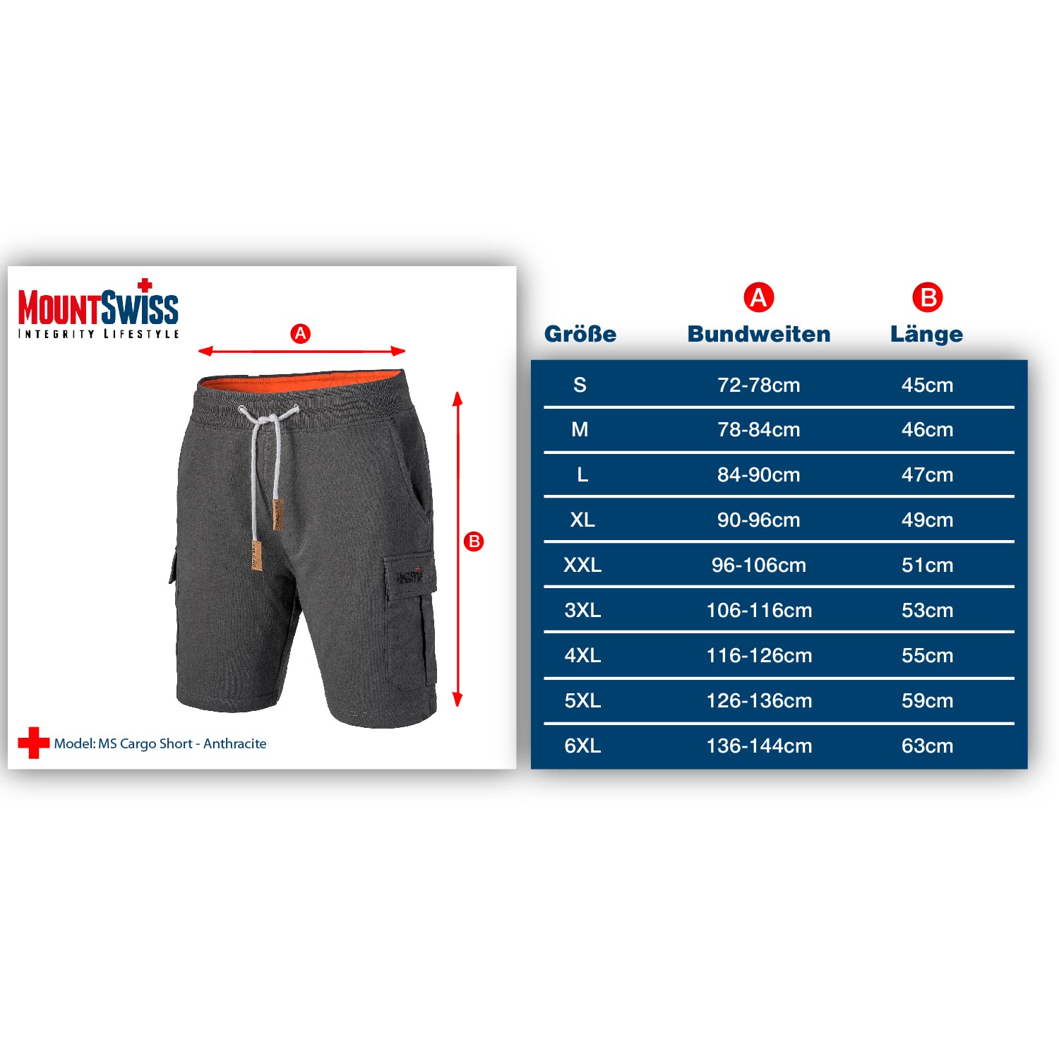 Mount Swiss Herren Cargo Shorts mit 6 Taschen & Klett- BZW. Reiß-Verschluss I Freizeit Hose Herren kurz in Anthrazit, Schwarz, Stahlgrau, Blaugrau Größe S - 8XL